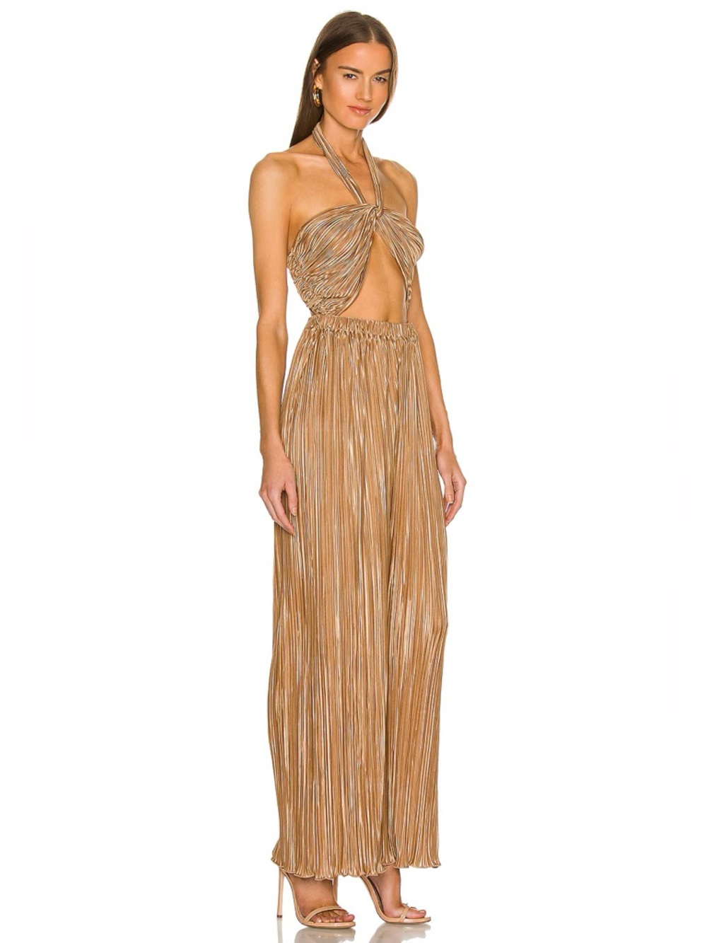 LPA Baina Pleated Halter Cutout Jumpsuit Tan Size M - Picture 2 of 8